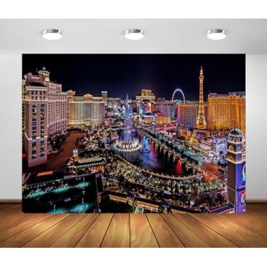 Imagem de BELECO Tecido de 2,4 x 1,8 m Las Vegas pano de fundo noturno em Las Vegas, decorações de festa temática de cassino, horizonte de Las Vegas, pano de fundo de arranha-céus, adereços de estúdio de cabine