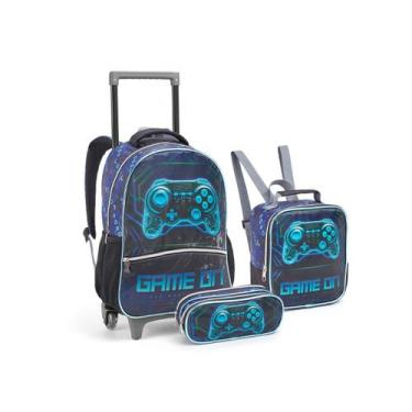 Imagem de Kit Mochila Rodinha Game On Azul Escolar Meninos Jogos - Seanite