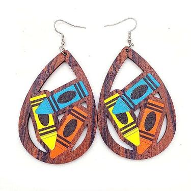 Imagem de Lindos brincos de giz de cera para lápis, brincos engraçados de madeira para professores, mulheres, meninas, professores, estudantes, formatura, volta às aulas, Metal Madeira, madeira