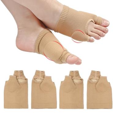 Imagem de 2 pares de protetores de dedo do pé atualizados, respiráveis para joanetes grandes e pequenos, mangas almofadadas, confortáveis, protetores de pé elásticos, corretores, meias para alívio diurno e