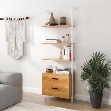 Imagem de SogesHome Prateleira de escada industrial montada na parede com armário - estante de 4 andares, moldura de metal e 2 gavetas para armazenamento elegante na sala de estar, escritório, quarto, banheiro,