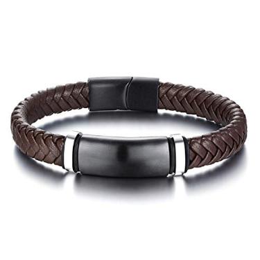 Imagem de Rockyu Pulseira masculina, couro, fresco, marrom, pulseira trançada, simples, aço inoxidável, escudo, pulseira de placa, suave na pele, hipoalergênica, acessório de moda, Titânio