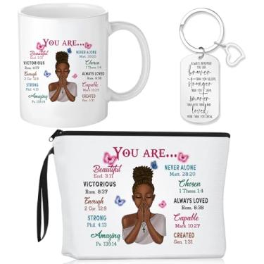Imagem de Reginary 3 peças de presentes cristãos de Natal para mulheres afro-americanas, versículo bíblico, bolsa de maquiagem, bolsa de lápis cristã, caneca de café religiosa de 325 ml, chaveiro inspirador com