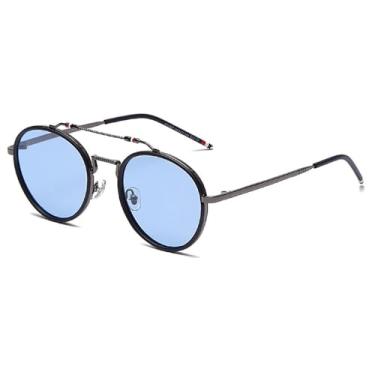 Imagem de HCHES Óculos de sol vintage polarizados steampunk, masculino e feminino, redondo, armação de metal, óculos de direção, UV400, C03, azul-arma, tamanho único
