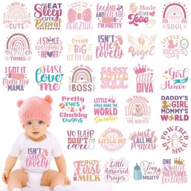 Imagem de Dazoratix Transferências De Ferro Para Bebês - 30 Peças Rosa Prontas Para Prensar Adesivos De Vinil De Transferência De Calor Kit De Decoração De Macacão Remendos De Body Para Chá De Menina Festa De