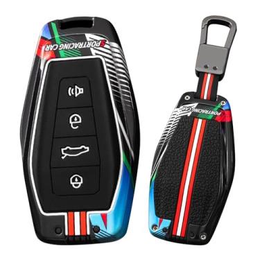 Imagem de HIBEYO Capa de porta-chaves de 4 botões compatível com Geely Coolray X6 Emgrand Global Hawk GX7 Acessórios Fashion Metal Painted Key Shell with Keychains-4 Button TRUMPET Black