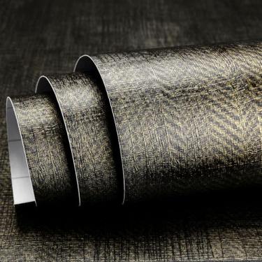 Imagem de HelloWall Papel de parede preto dourado descasque e cole papel de parede em tecido texturizado espinha de peixe papel de parede removível autoadesivo de linho preto para armários paredes de quarto 45