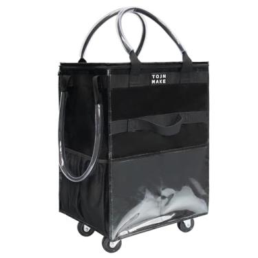Imagem de TOJNMAKE Bolsa de compras reutilizável com rodas (média-preta), sacola com rodas, carrinho de compras com 8 bolsos e capa com zíper para viagens, lavanderia, dobrável, alças resistentes, carrega até