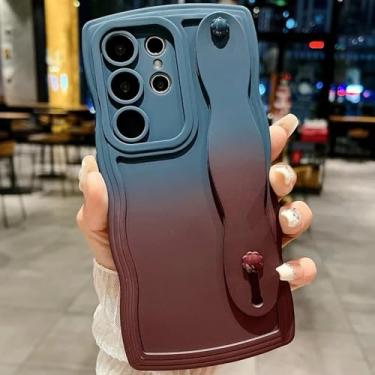 Imagem de HPQWN Para Galaxy S24 Plus Gradient Wave Wrist Strap Case (Para Galaxy S24 Plus/Azul Vermelho)