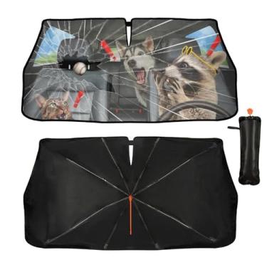 Imagem de Guarda-sol para para-brisa de carro, guarda-sol engraçado, guaxinim, cão, gato, dobrável, guarda-sol 144,8 cm x 76,2 cm, bloqueio UV e isolamento térmico, capa de para-sol para janela frontal