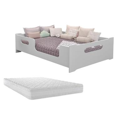 Imagem de Cama Casal Montessoriana Moderna Com Colchão E Grade De Proteção Encanto Quarto Criança Luxo Cor Branco