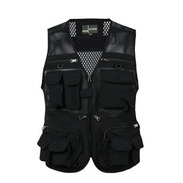 Imagem de Colete De Pesca Com Bolsos Masculino, Colete Masculino Plus Size Verão Ao Ar Livre Malha Respirável Zíper Multi Colete, Jaqueta Tática De Trabalho Destacável Para Viagem Safari(Black,X-Large)