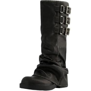 Imagem de MAVMAX Botas Femininas De Cano Alto, Bico Redondo, Curto, Estilo Motociclista, Dobráveis, Salto Plataforma Baixo E Grosso, Fivela, Preta, Tamanho Eua 7,5