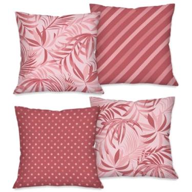 Imagem de Capas de Almofadas Decorativas para Sofá Tecido Poliester Tamanho 45cm x 45cm Quadrada com Ziper Invisivel Outono Estampa Folhas Abstratas Rosa kit com 4 capas