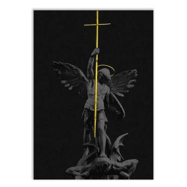 Imagem de Placa Decorativa Arcanjo Miguel Vs Lúcifer Preto Amarelo Decoração Quarto Sala