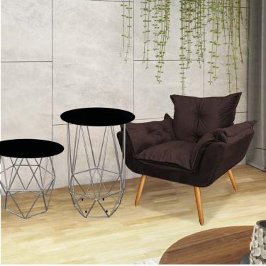 Imagem de Kit Poltrona Opala Com 2 Mesas Lizie Ferro Cinza Tampo Redondo Preto Corino Marrom - Amey Decor
