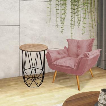 Imagem de Kit Poltrona Opala Com Mesa Lizie Ferro Preto Tampo Redondo Castanho Suede Rose Gold - Amey Decor