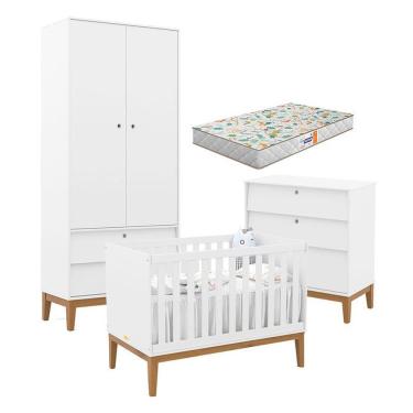 Imagem de Quarto De Bebe Unique 2 Portas Com Cômoda Gaveteiro Branco Soft Eco Wood E Colchão Gazin - Matic