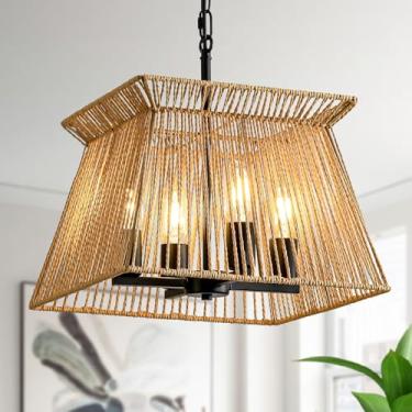 Imagem de SEAJEL Luminárias De Lustre Vime, Pingente Boho Trançado À Mão Com Formato Quadrado, Luminária Pendente Estilo Fazenda 4 Luzes Para Sala Jantar, Estar, Cozinha Ilha