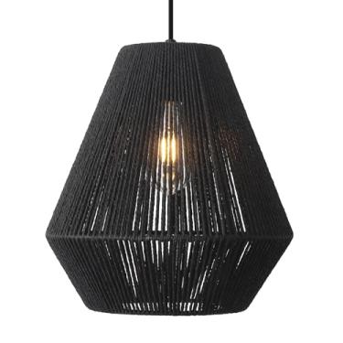 Imagem de Woholitable Luminária Pendente De Vime, Estilo Boho, Preta, 11,8", Com Abajur Em Formato Cesta, Fazenda, Costeiro, Para Cozinha, Ilha, Sala Jantar, Estar, Corredor, Hall Entrada