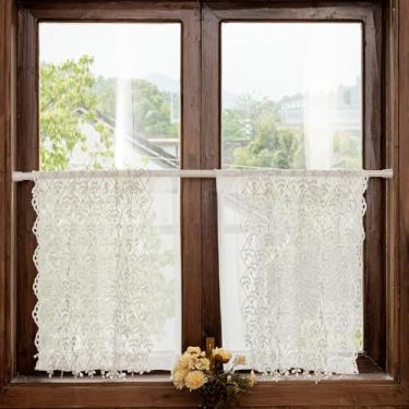 Imagem de Cortinas Lace Cafe 76 cm de comprimento, 2 painéis, bordado geométrico, losango, 3D, videira folhosa, cortinas curtas de cozinha, cortina transparente recortada para janela pequena, 55 x 76 cm, branco