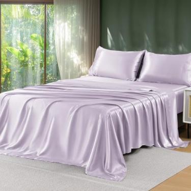 Imagem de Sasttie Jogo de lençol de cetim sedoso de luxo, cetim liso e brilhante com 1 lençol com elástico profundo, 1 lençol de cima e 1 fronha, solteiro GG, roxo