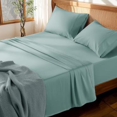 Imagem de LBRO2M Jogo de lençol 100% algodão com bolso profundo 48 cm, 1000 fios, tamanho completo, 4 peças, roupa de cama macia e confortável para todas as estações (casal, verde sálvia)