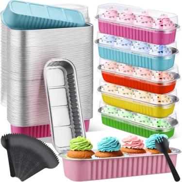Imagem de Blushtier 180 peças de mini formas de pão com tampas e colheres de 193 g formas retangulares de folha de alumínio para assar sobremesas (azul claro, rosa escuro, rosa claro, verde grama, amarelo