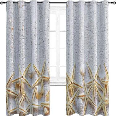 Imagem de Seashells 90% cortina blackout, conchas do mar em padrão de madeira tropical lua de mel tema marinho clássico, para quarto, jardim de infância, sala de estar, L 106 x C 163 centímetros pérola branca
