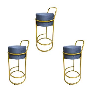 Imagem de Kit 3 Banquetas Alta Redonda Base Dourada Veludo - Cinza