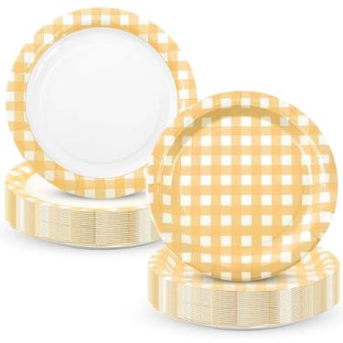 Imagem de Houuqe 48 peças, pratos de festa de guingão amarelo, 23 cm, xadrez, sobremesa, prato descartável, amarelo e branco, para outono, piquenique, churrasco, aniversário, verão, jantar e suprimentos