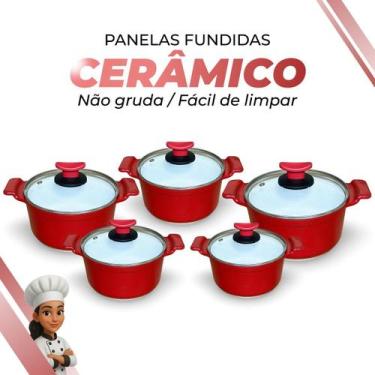 Imagem de Jogo De Panelas Cerâmica Branca Antiaderente 5 Peças Vermelho Tampa De