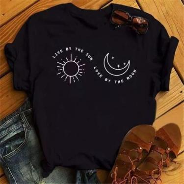 Imagem de Baby Look Sol e Lua Camiseta Feminina T-shirt Céu Camisa Casual Blusa 