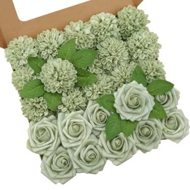 Imagem de YEEFLORA Flores artificiais, 25 peças de rosa artificial verde sálvia para arranjos de centro de mesa de buquês de casamento, rosa verde sálvia e flores de dália com haste para decoração de casa de