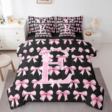 Imagem de Conjunto de edredom com laço rosa e preto, tamanho solteiro, 3D, coquete 3D, para crianças, adolescentes, meninas, princesa, 7 peças, conjunto de cama estética em aquarela (E)