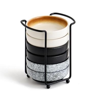 Imagem de YJR Acompanhamentos japoneses de cerâmica, pratos de tempero, tigelas de imersão - 8,5 cm, com suporte de metal para ketchup molho de soja, churrasco, conjunto de 6, multicolorido