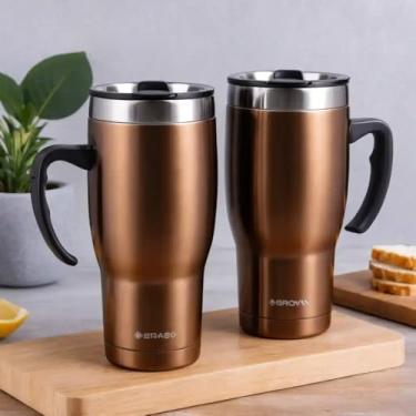 Imagem de Caneca Térmica Parede Dupla em Aço Inox Marrom 650ml com Tampa Flip - Estilo Premium