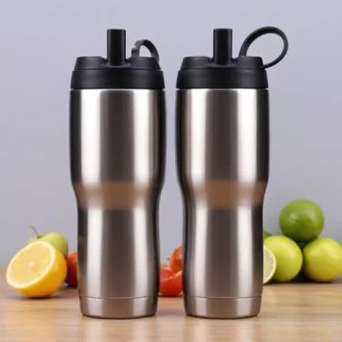 Imagem de Copo Térmico Parede Dupla em Aço Inox Cinza 500ml com Canudo - Estilo Esportivo