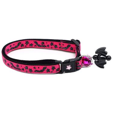 Imagem de Coleira para gatos de Halloween morcegos e estrelas com sino | Coleira de segurança | Tamanho grande ajustável ou coleira de gatinho (grande (4,5 kg ou mais), rosa brilhante)
