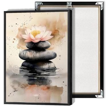 Imagem de Arte de parede em tela de lótus zen rosa florescendo em pedras na água pôster moderno vintage meditação pedras aquarela impressões pintura para spa yoga quarto decoração de parede 30,5 x 40,6 cm sem