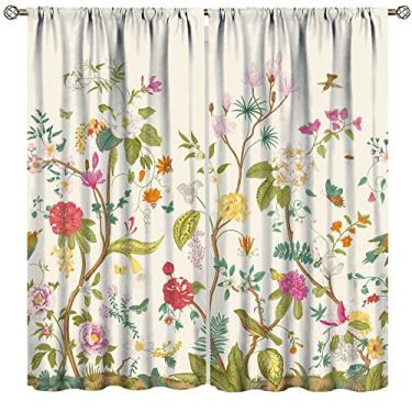 Imagem de Cortinas florais, pássaros coloridos retrô flores silvestres ervas padrão tema natureza, quarto sala de estar, conjunto de 2 painéis, 182 x 163 centímetros