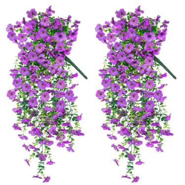 Imagem de Lushiquea Flores artificiais para pendurar ao ar livre, pacote com 2, flores falsas, plantas artificiais para pendurar ao ar livre para casa, varanda, pátio, varanda, cestos, quintal, roxo