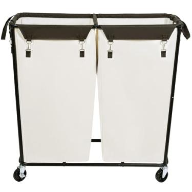 Imagem de SUPTINWEAR Organizador de cesto de roupa 390L extra grande, cesto de roupa resistente com rodas, carrinho de rodinhas com sacos removíveis, carrinho de lavanderia para hotel e casa, bege, 2 seções
