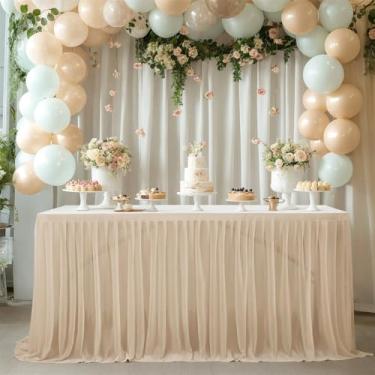 Imagem de Saia de mesa de tule para mesa retangular com pés, saia de mesa semitransparente com babados para decoração de toalha de mesa de banquete, festa de casamento, marrom, 4 pés (75 x 122 cm)