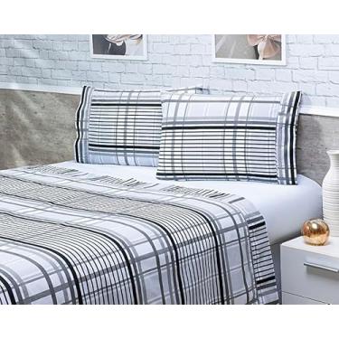 Imagem de Jogo Lençol 4 Peças Queen Estampado Listrado 100% Algodão 200 Fios Ponto Palito (Branco, 45cm)