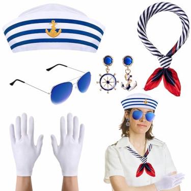 Imagem de Watayo 5 peças de chapéu de marinheiro náutico e cachecol para cosplay, chapéu de marinheiro de iate capitão marinheiro cachecol luvas brincos, acessórios de fantasia de marinheiro de Halloween para