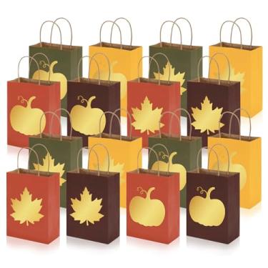 Imagem de Whaline 120 peças, saco de papel de outono, folha dourada, abóbora, folha de bordo, sacos com alças, sacos coloridos de guloseimas para colheita de outono, lembrancinhas de festa de Ação de Graças