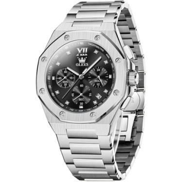 Imagem de OLEVS Relógios masculinos Diamond Luxury Fashion Big Face pulseira de aço inoxidável à prova d'água luminosos relógios de pulso masculinos, 3626: mostrador preto com pulseira prateada