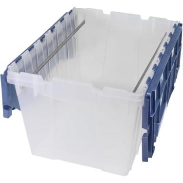Imagem de Akro-Mils Caixa de arquivos KeepBox de 12 galões de plástico empilhável com tampa articulada e trilhos para pendurar pastas de arquivo, 53 cm C x 38 cm L x 30 cm A, transparente/azul