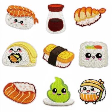 Imagem de 9 peças de adesivos de sushi Nigiri Inari para ferro, adesivos de reparo bordados de comida japonesa para roupas, aplique de sashimi temaki chirashi personalizado para chapéus, jeans, jaquetas, bolsas